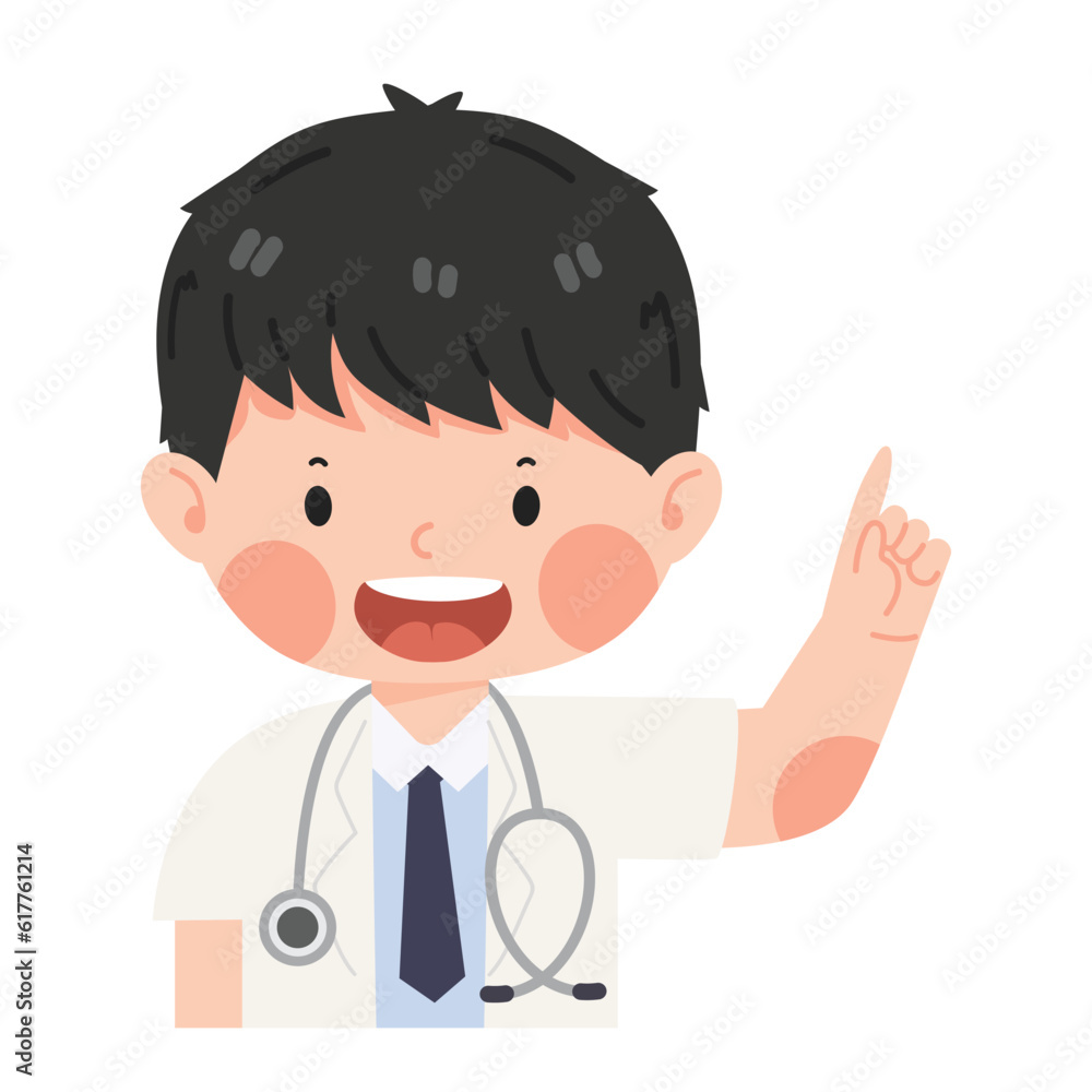 Happy doctor pointing above his head Happy doctor pointing above his head