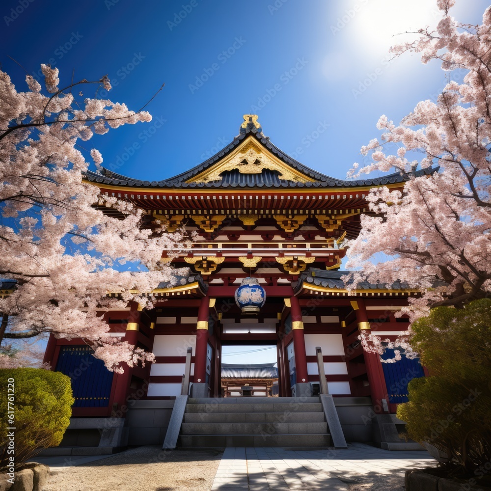 Fototapeta premium Trees and temple with oriental pattern over blue sky, created using generative ai technology