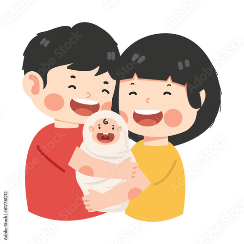 Happy happy mother and father  hugging a newborn baby