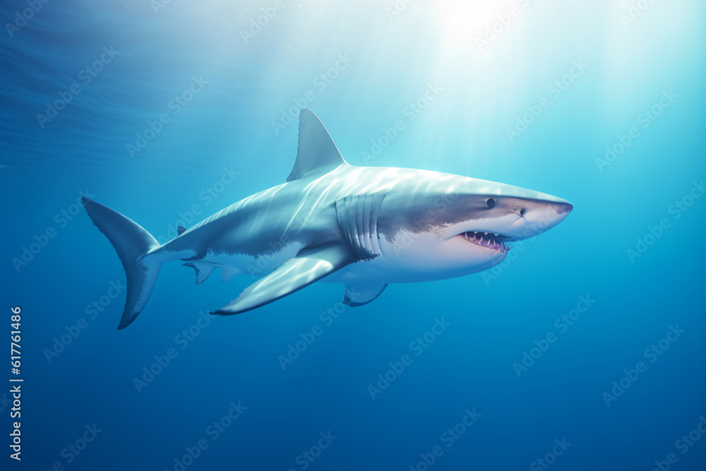 great white shark swimming in the deep blue ocean, generative ai