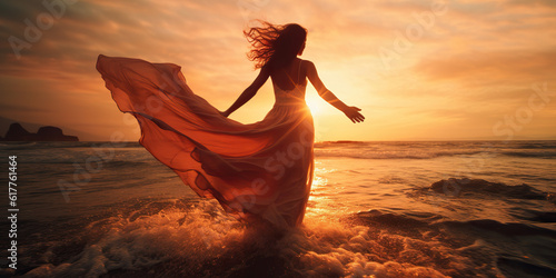 A beautiful woman gracefully dances on the beach by the sea on a summer day, her movements fluid and effortless, embodying the essence of joy and freedom. Generative AI