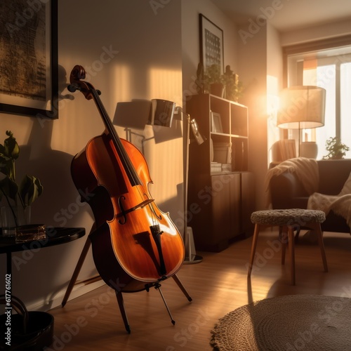 Brown cello displayed in sunny living room, created using generative ai technology