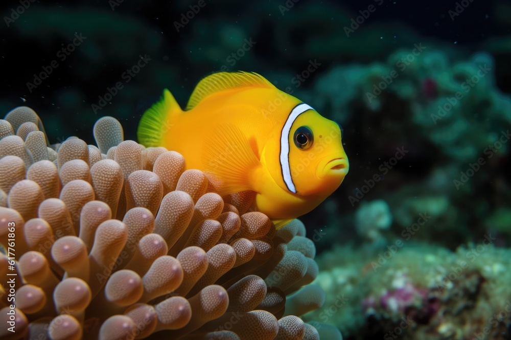 Obraz premium Yellow tropical fish with stripe and coral reef in sea, created using generative ai technology