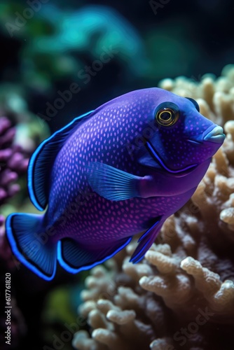 Blue tropical fish with spots and coral reef in sea, created using generative ai technology © Future Vision
