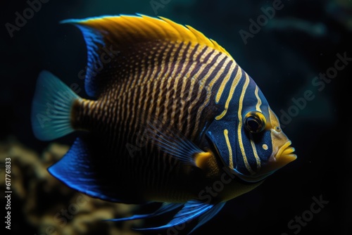 Blue tropical fish with stripes and coral reef in sea, created using generative ai technology