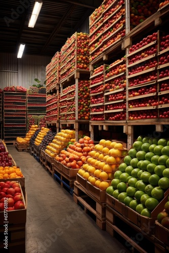 A commercial warehouse full of boxes with several fresh organic fruits Generative AI Illustration