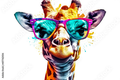 wildlife colorful giraffe animal africa zoo mammal sunglasses neck portrait. Generative AI.