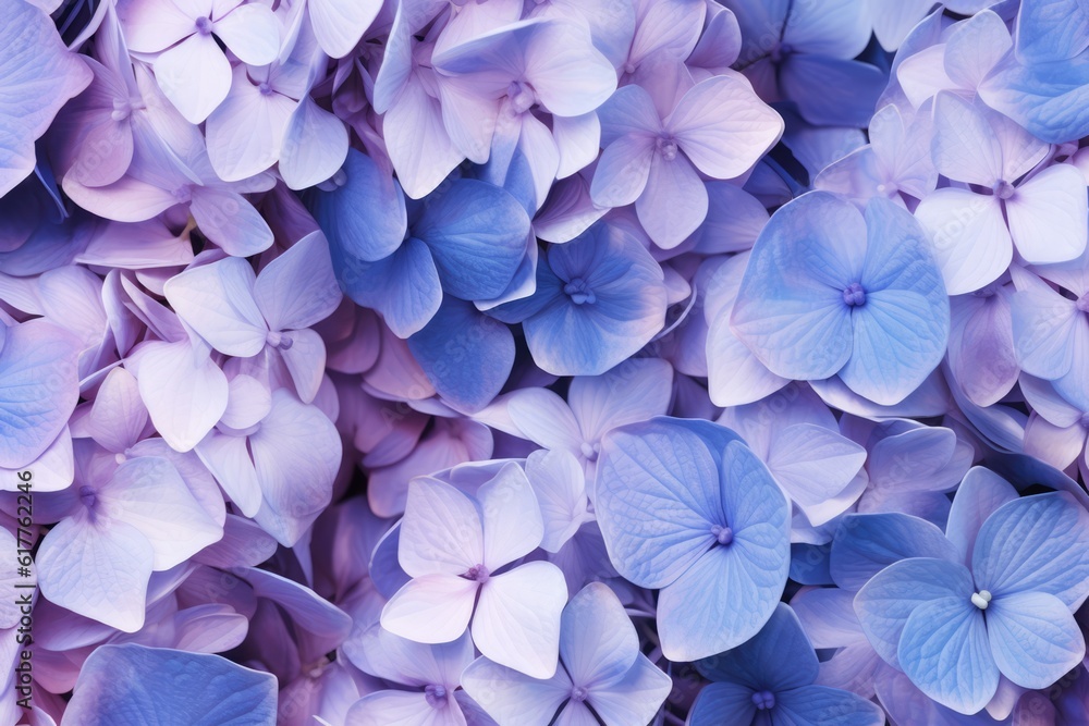 Full frame of blue and pink hydrangeas background, created using generative ai technology Full frame of blue and pink hydrangeas background, created using generative ai technology