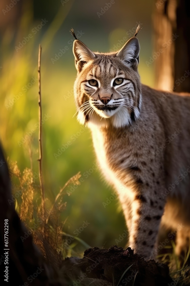 Obraz premium Close up of bobcat walking in forest, created using generative ai technology