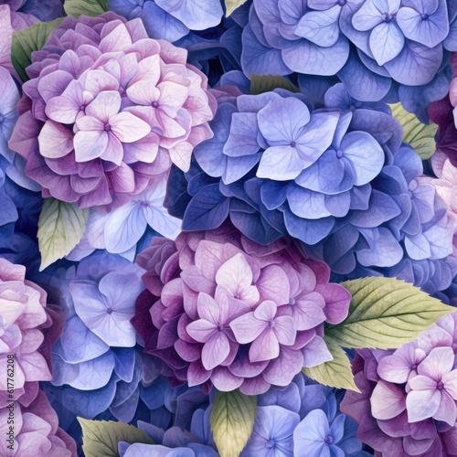 Full frame of purple and pink hydrangeas background  created using generative ai technology