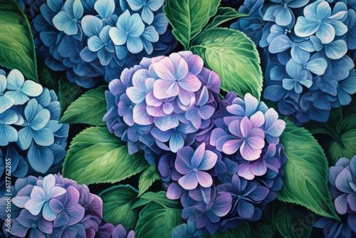 Full frame of blue and pink hydrangeas background, created using generative ai technology