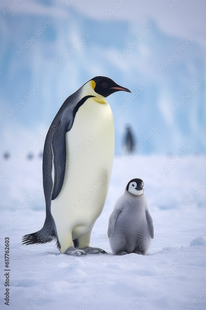 Fototapeta premium Close up of emperor penguin standing with chick in snow, created using generative ai technology