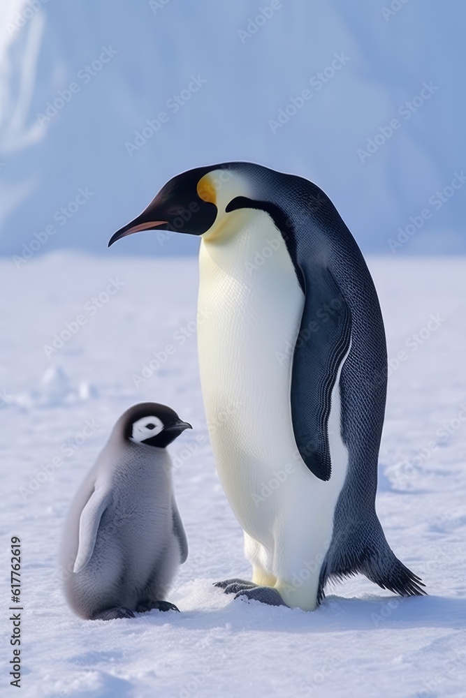 Fototapeta premium Close up of emperor penguin standing with chick in snow, created using generative ai technology