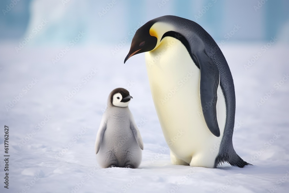 Obraz premium Close up of emperor penguin standing with chick in snow, created using generative ai technology