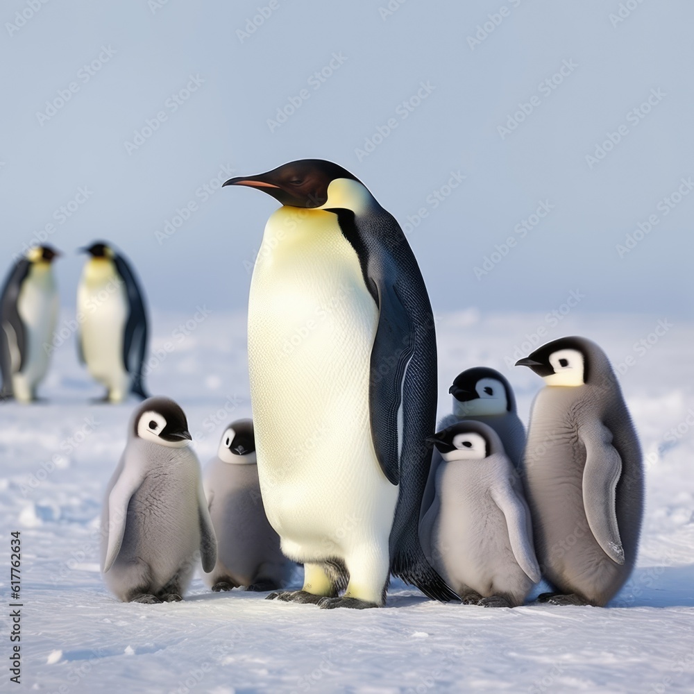Fototapeta premium Close up of emperor penguin standing with chicks in snow, created using generative ai technology