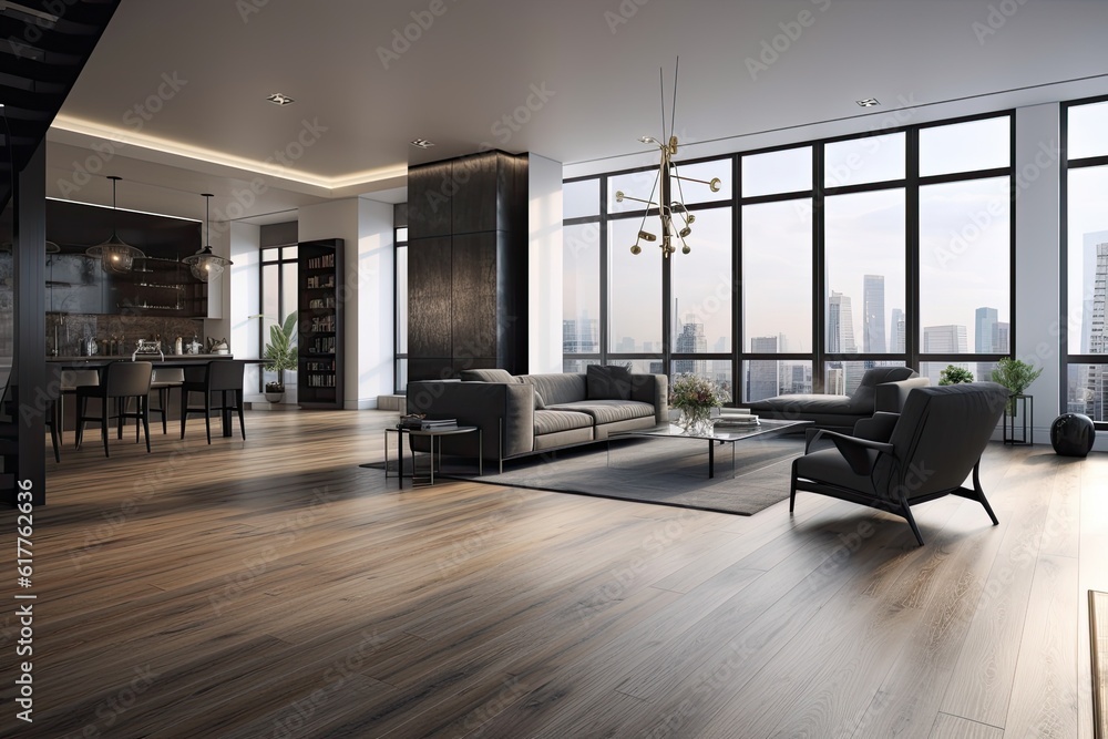 Interior of a penthouse living room featuring two armchairs, a large ... - Penthouse Apartment Mudroom With Drawers
