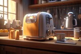 Retro yellow toaster on wooden surface in kitchen, created using generative ai technology