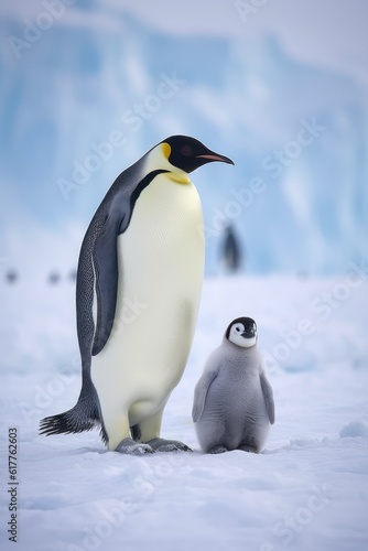 Close up of emperor penguin standing with chick in snow  created using generative ai technology