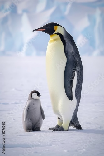 Close up of emperor penguin standing with chick in snow  created using generative ai technology