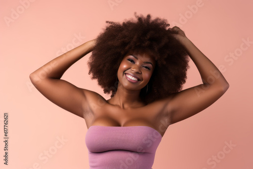 Happy body positive female posing in studio shot. Pastel color background. Generative AI