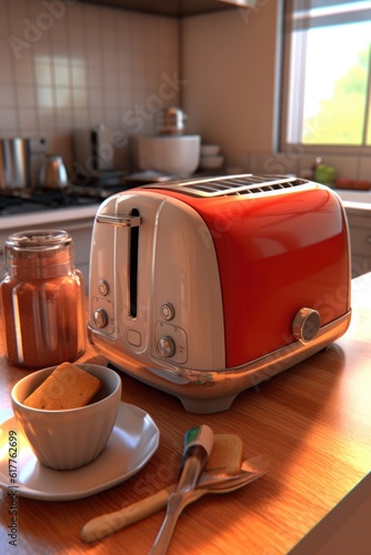 Retro red toaster on wooden surface in kitchen, created using generative ai technology