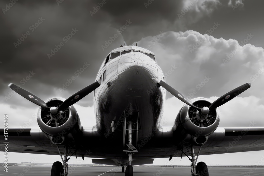 Fototapeta premium Airplane on runway with clouds in black and white, created using generative ai technology
