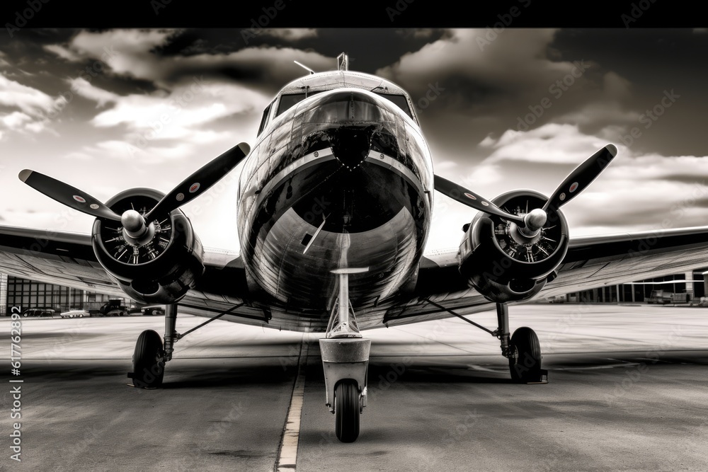 Fototapeta premium Airplane on runway and sky with clouds in black and white, created using generative ai technology