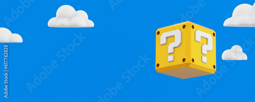 Question mark mystery box on blue sky with clouds - 3D Illustration photo