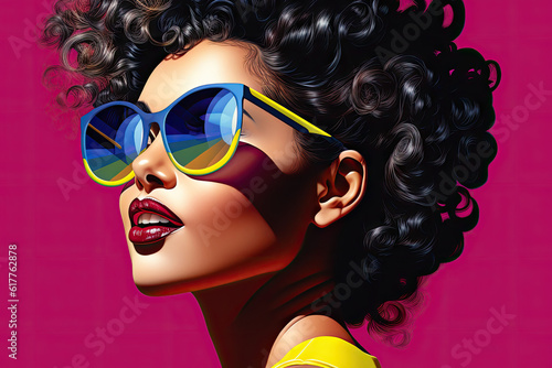 Stylish Woman with Curly Hair and Headband  Wearing Sunglasses   vectorized pop-art inspired