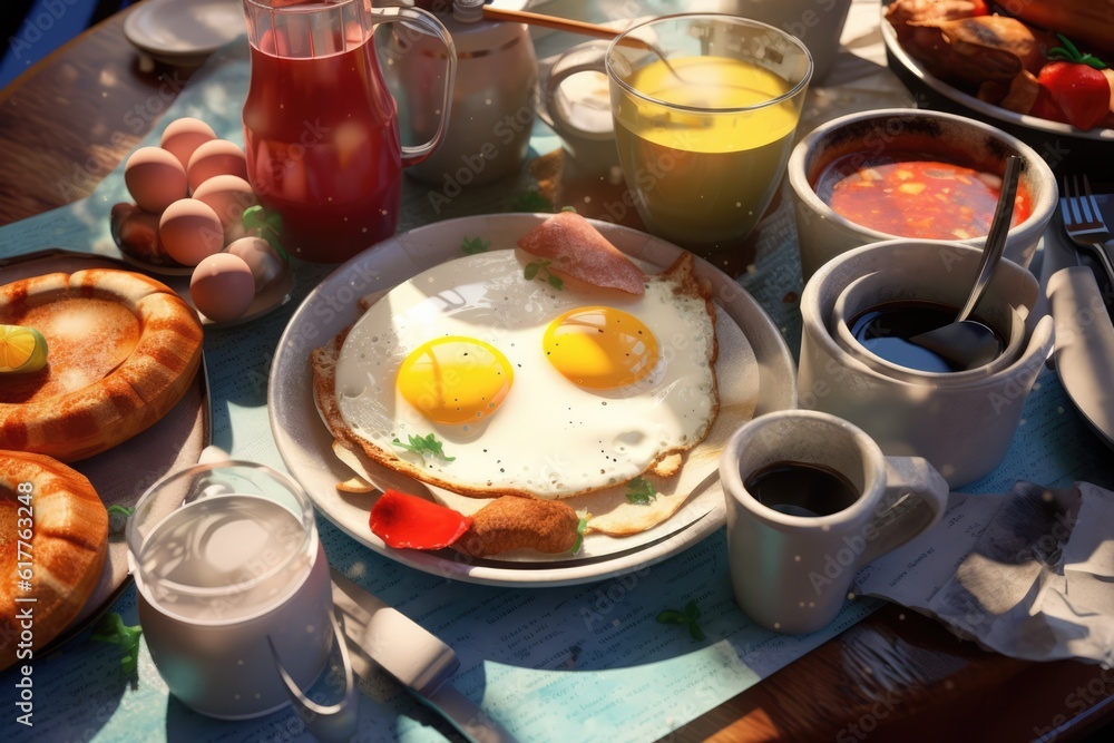 Brunch food on plates and drink on table, created using generative ai technology Brunch food on plates and drink on table, created using generative ai technology