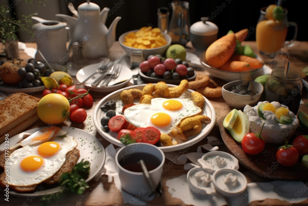 Brunch food on plates and drink on table, created using generative ai technology Brunch food on plates and drink on table, created using generative ai technology