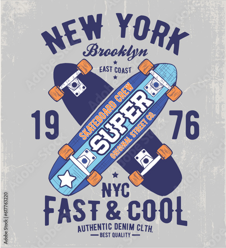 print design for kids fashion with skateboard drawing as vector