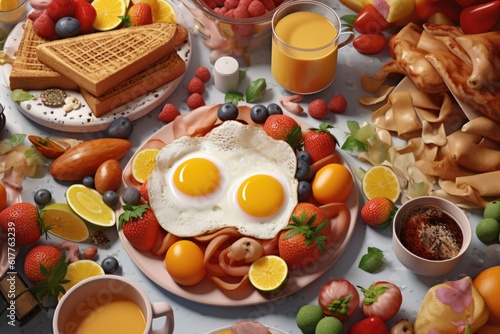 Brunch food on plates and drink on table, created using generative ai technology