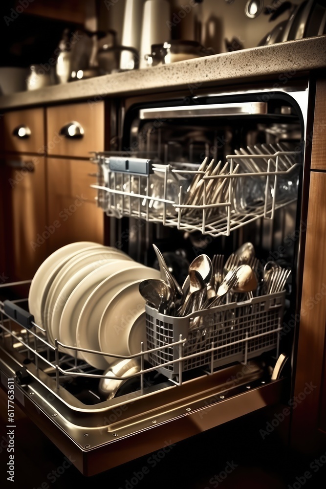 Interior of dishwasher packed with dishes with door open, created using generative ai technology