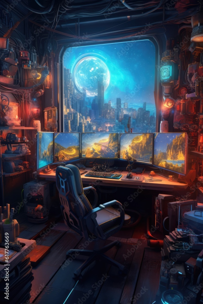 Fototapeta premium Room with screens with video game and gaming chair, created using generative ai technology