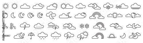 Weather forecast, outline web icon set, vector line icons collection. Meteorology symbols vector illustration. Editable stroke.