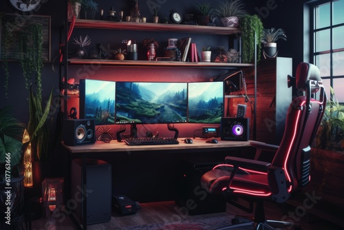 Room with screens with video game and gaming chair, created using generative ai technology