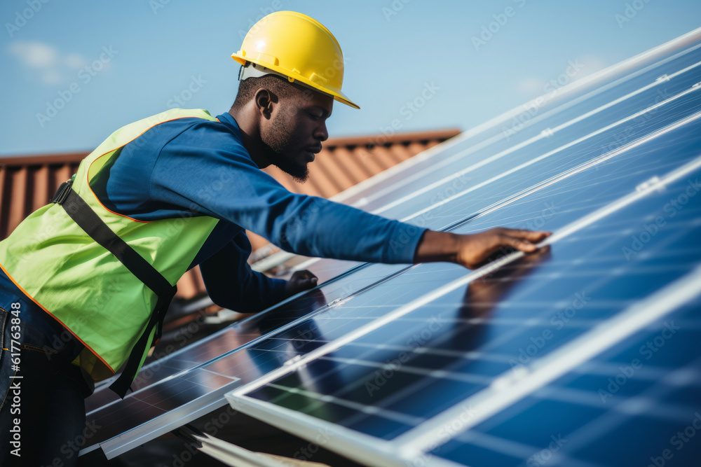 An eco friendly solar panel being fitted to a residential roof by an engineer