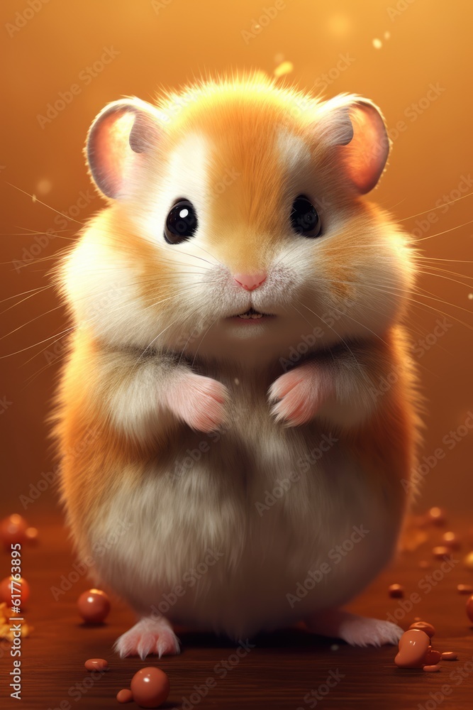 Close up of cute hamster on orange background, created using generative ai technology