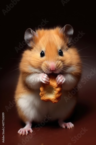 Close up of cute hamster holding food on black background, created using generative ai technology