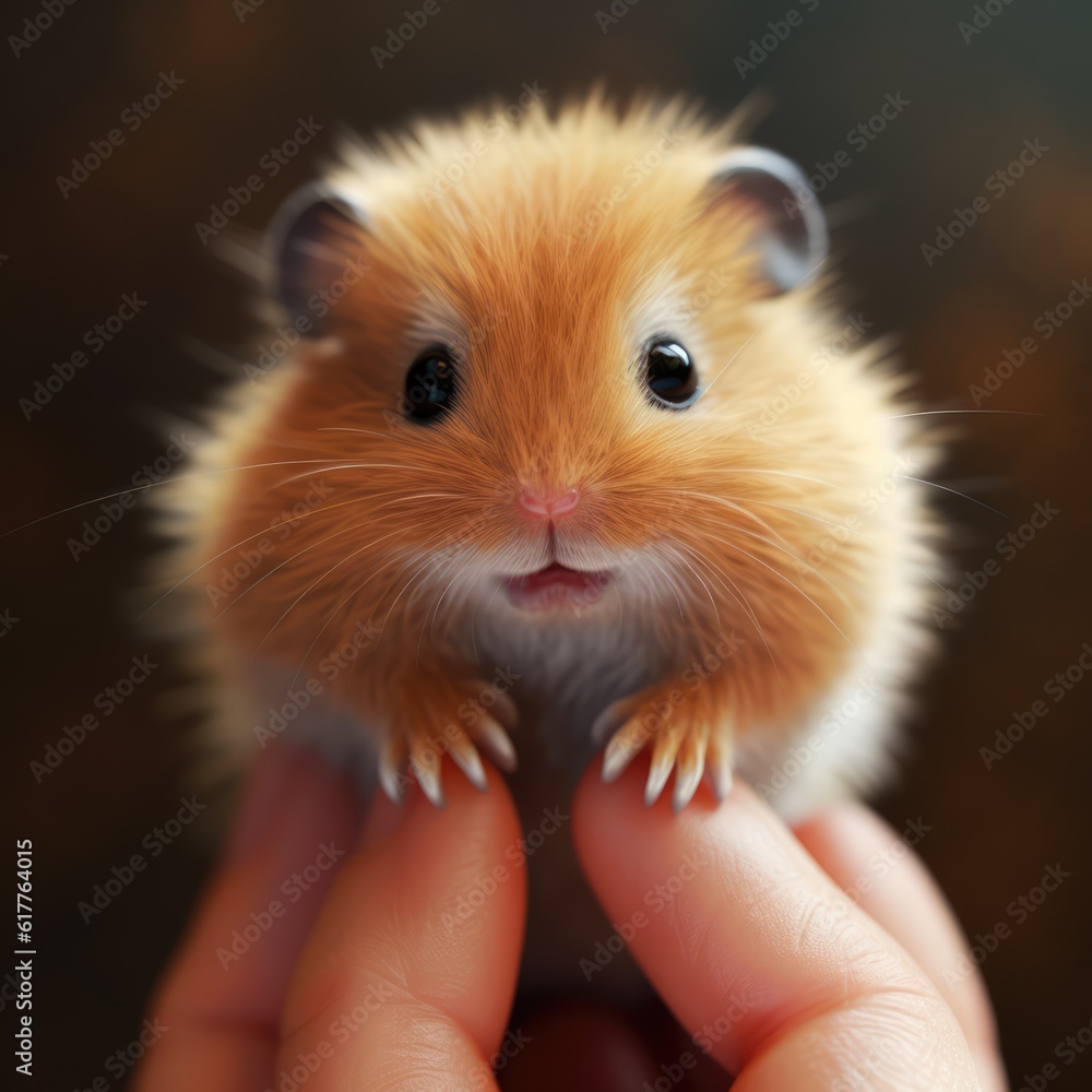 Close up of cute hamster standing on human hand, created using generative ai technology Close up of cute hamster standing on human hand, created using generative ai technology