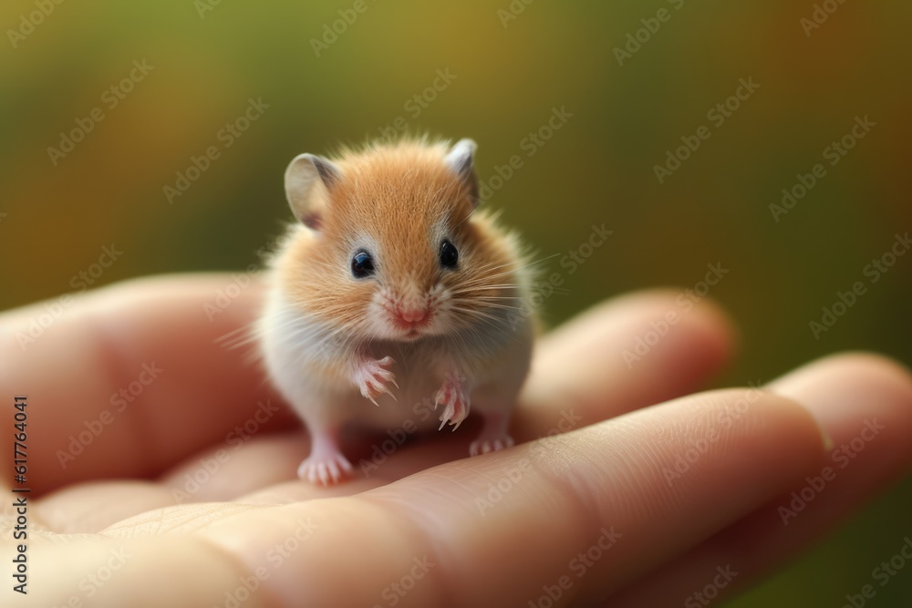 Close up of cute hamster standing on human hand, created using generative ai technology Close up of cute hamster standing on human hand, created using generative ai technology