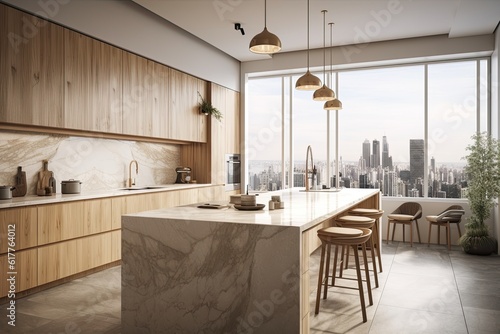 Interior of a contemporary kitchen made of marble and wood, featuring an island, furnishings, appliances, and a window with a view of the city. Generative AI © Vusal