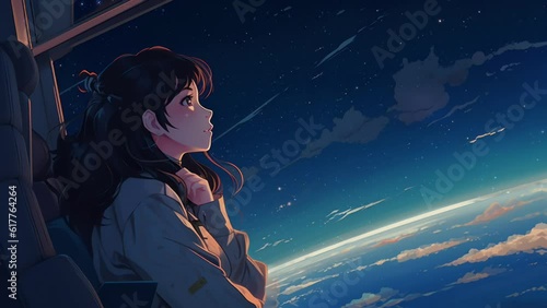 Cute anime girl looking at the night sky. Spaceship. Futuristic illustration. Music video background. For lo-fi chill hip hop songs. Cartoon artwork of woman in space. Planet earth from space station.