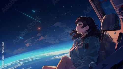 Cute anime girl looking at the night sky. Spaceship. Futuristic illustration. Music video background. For lo-fi chill hip hop songs. Cartoon artwork of woman in space. Planet earth from space station. photo