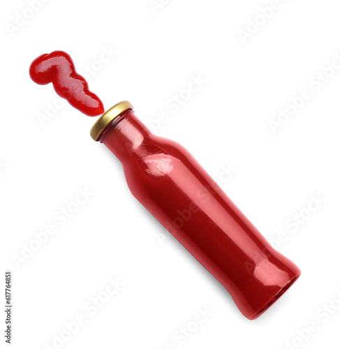 Bottle with tasty ketchup isolated on white, top view
