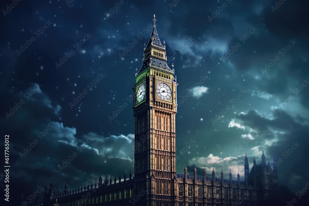 Lit big ben tower in london at night, created using generative ai technology - obrazy, fototapety, plakaty 