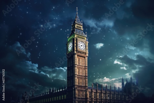 Lit big ben tower in london at night, created using generative ai technology photo