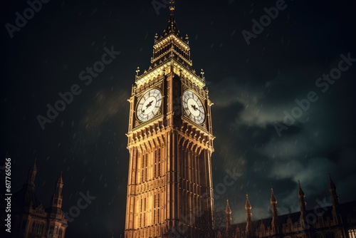 Big ben tower in london at night, created using generative ai technology