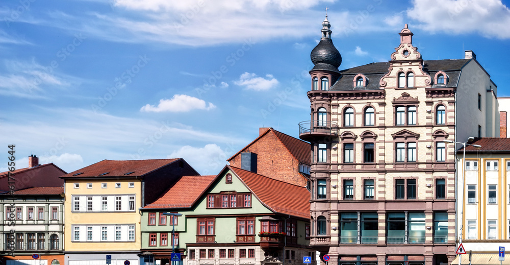 Obraz premium Eisenach, beautiful facades by the Nikolai gate on a sunny day in summer.